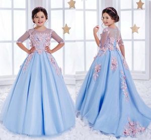 2020 Sky Blue Girls Pageant Jurken Illusion Lace Pink 3D Floral Applicaties Satijn Kinderen Bloem Lange Meisjes Jurk Prinses Goedkope Verjaardag Toga's