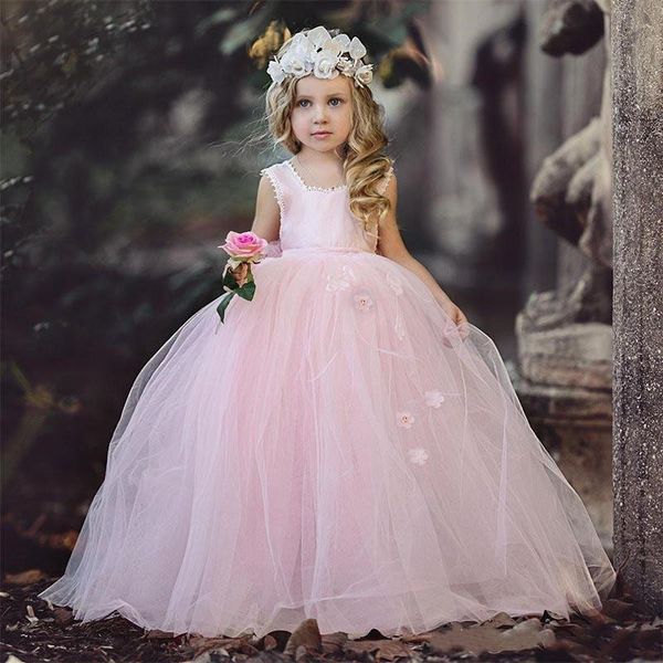 Abiti da ragazza di fiori in tulle dolce e gonfio Vestito da spettacolo per bambine da principessa carina Abito da laurea per la festa di compleanno di un bambino rosa cipria