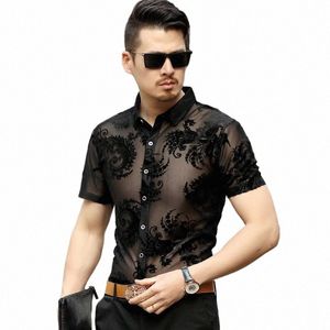 Nieuwe 2018 zomer man bloemen shirts heren holle zien door kleding korte mouw transparante dr shirts 03I5 #