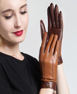 NUEVO 2019 Guantes de cuero genuino para mujer Guantes elegantes de piel de oveja de dos tonos Otoño Invierno Cálido forro de felpa 33268977398