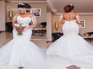 Nuevo 2019 vestidos de novia de sirena con cuentas pesadas apliques de manga larga perlas vestidos de boda africanos de talla grande Vestido de novia de noiv2222262