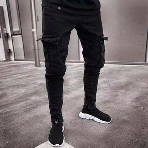 Nouveaux hommes conception jeans printemps noir déchiré trous en détresse conception jean crayon pantalon hommes pantalones avec poches