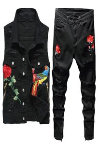 Nouveau Spring Men 2019 Tracksuits Outwear Phoenix Floral Brodery Hole Red Jeans Deux pièces Set Men About Vestspants Collar 8650178