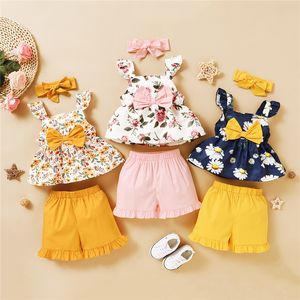 Nieuwe 2020 Baby Girl-kleren Set Summer Toddler Kinderen Bloemen mouwloze boogtop Shorts Hoofdband 3-stks Baby Clothing Set Girls Outfits 12m-4T