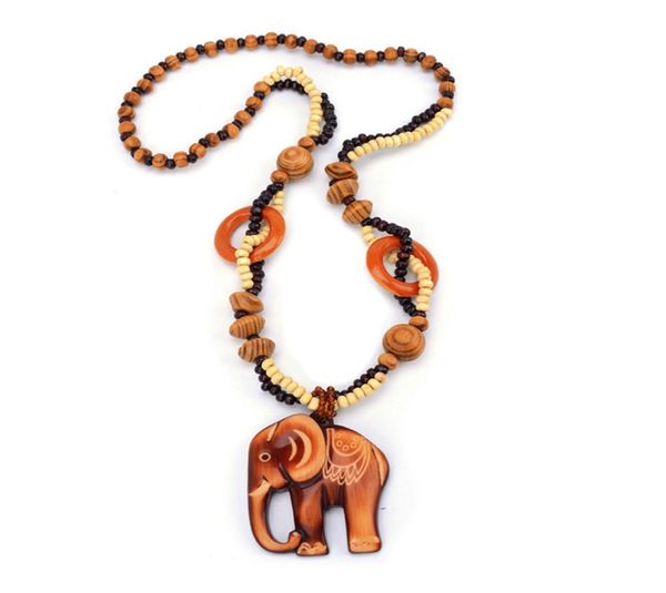 Bijoux ethniques Boho longs faits à la main, perles en bois, pendentif éléphant, Maxi collier pour femmes, chaîne en corde entière, tendance 9808170, nouvelle collection 2020