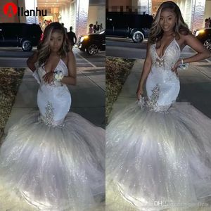 NIEUWE! 2022 Glitter Zilver Sexy V-hals Mermaid Reflecterende Prom Dresses Spaghetti Straps Afrikaanse Lange Formele Avondjurken Graduation Party Jurken DWJ0208