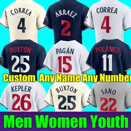 Aangepaste 2024 S-4XL Lewis honkbalshirts Byron Buxton Luis Arraez Miranda Carlos Correa MINNESOTA Max Kepler Sanchez Urshela GORDON JORGE POLANCO TWINS MIGUEL SANO