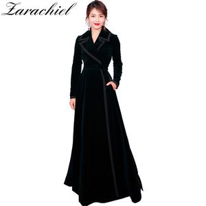 Nouveau 2020 Hiver Piste Designer Femmes Vintage Col Entaillé Wrap Noir Velours Maxi Manteau Épais Chaud Long Trench Outwear LJ200903