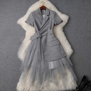 Nieuwe 20202024 Lente zomer elegante korte mouw gekotte lapel zuivere kleur kanten lage maxi jurk casual jurken w0716T9748