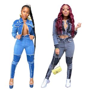 Nouveau 2021 Active Wear Femmes Denim Patchwork Vestes Jeans Pantalon Costume Survêtement Deux Pièces Assorties Ensemble Fitness Tenues Plus Taille Y0625