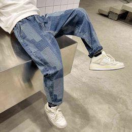 Nieuwe 2021 Fashion Jeans voor Tienerjongens Schade Broek Kleding Kinderen Mid Taille Losse Denim Broek Kinderen Plaid Patchwork Bottom G1220