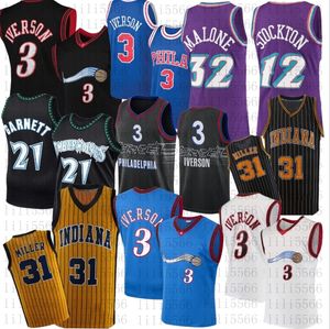 Vintage Allen 3 iverson Kevin 21 Garnett Basketball Jersey John 12 Stockton Karl Reggie Malone Miller truien gestikt