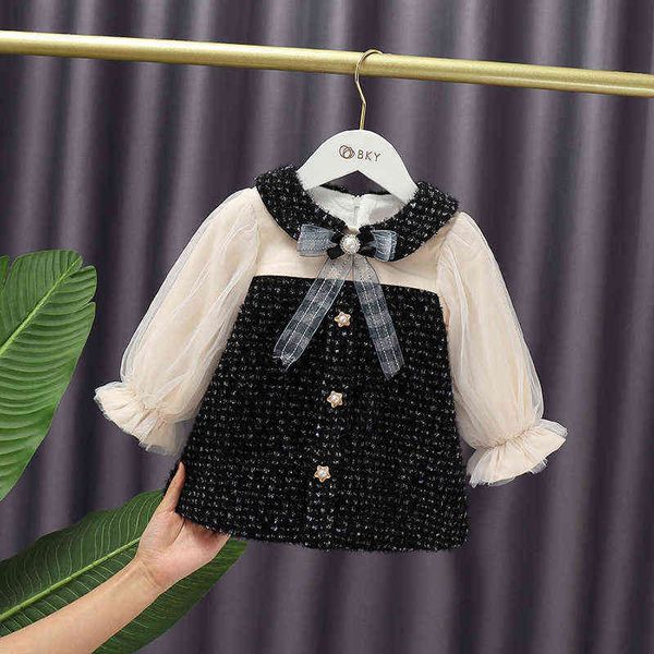 Nouveau 2021 filles robe classique mode Tweed enfants vêtements automne hiver manches longues Patchwork princesse robe de soirée pour 2-7T bébé G1129