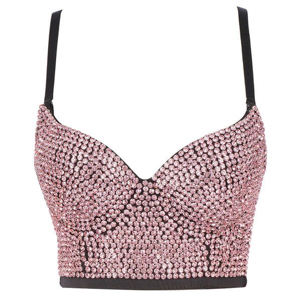 Nouveau 2021 Strass Sexy Top Discothèque Brille Femme Crop Top Femmes Hors Épaule Camis Tops avec Soutien-Gorge Intégré Push Up Bralette X0726