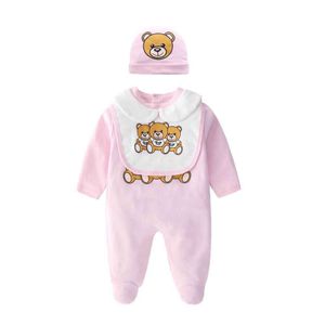 Nieuwe 2021 lente mode pasgeboren babyjongen kleding katoen cartoon kleine beer pasgeboren peuter baby meisje romper en hoed slabbetjes sets H0824