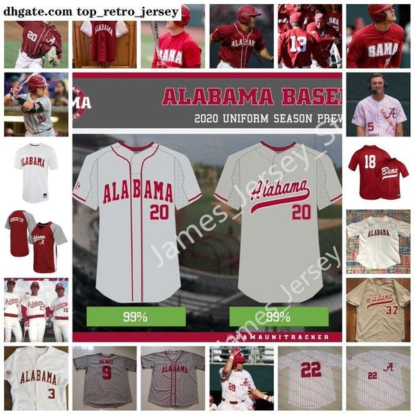 Nouveau 2022 Alabama College NCAA Custom Crimson porte un maillot de baseball Tide 4 Prielipp 29 Connor Shamblin 14 Antoine Jean 9 Casey Co