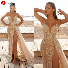 NIEUWE! 2022 Champagne Mermaid High Split Prom Jurken Roekjes De Soirée Spaghetti Riemen Kant Kralen Avondjurken Overskirt Sweep Train Tulle Party