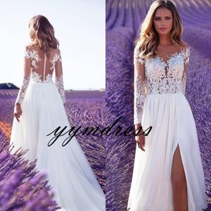 NIEUW 2022 Goedkope Boheemse kanten strand pure nek appliques trouwjurk lange mouwen backless bruidsjurken gewaad de mariee