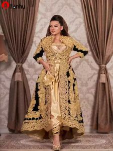 NIEUWE! 2022 Gothic Traditional Kosovo Albanese Caftan Zwarte Avondjurken Lange Mouwen Gouden Applique Plus Size Prom Dress voor Arabische vrouwen vestido de Novia