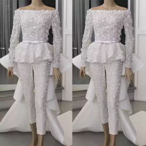 Nouveau 2022 Combinaison Robes De Soirée À Manches Longues Avec Train Détachable Bateau Cou Perlé 3D Applique Florale Sur Mesure Tulle Balayage Train Robe De Soirée De Bal Vestidos