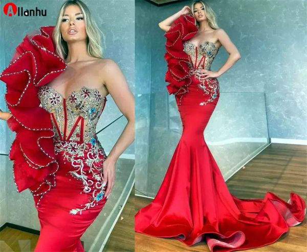 ¡NUEVO! 2022 Tallas grandes Árabe Aso Ebi Rojo Lujoso Sirena Vestidos de baile Cristales con cuentas Noche elegante Fiesta formal Segunda recepción Vestidos Vestido