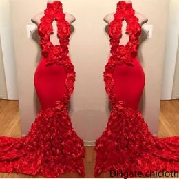 NIEUWE! 2022 Rood Hoge Hals Prom Jurken Sexy Handgemaakte Bloemen Mermaid Avondjurken Telling Trein Zwarte Meisjes Afrikaanse Toga Backless Hollow Out BC1038 XU