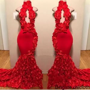 NIEUWE! 2022 Rood Hoge Hals Prom Jurken Sexy Handgemaakte Bloemen Mermaid Avondjurken Telling Trein Zwarte Meisjes Afrikaanse Toga Backless Hollow Out BC1038 XU