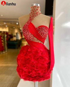 ¡NUEVO! 2022 Mini vestidos de cóctel rojos de sirena rebordear pura cuello alto un hombro apliques de encaje de manga larga vestido de noche de fiesta árabe vestido vestidos de gala