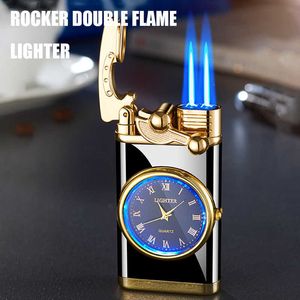 Nouveau 2022 Culbuteur Montre Métal Gaz Inhabituel Double Jet Butane Torche Coupe-Vent Cigarette Allume-cigare Gadgets pour Hommes XBZ1Sans