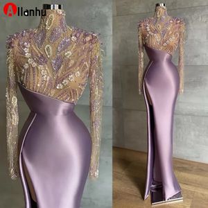 NOUVEAU! 2022 Sexy Front Split Sirène Robes De Bal Pour Les Femmes Arabes Sheer Neck Manches Longues Plus La Taille Formelle Soirée Occasion Robes Robe De Soirée