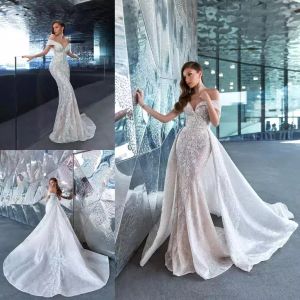 Nouveau!! 2022 Robe de mariée sirène en dentelle vintage avec train détachable sur l'épaule appliquée robes de mariée arabe Aso Ebi Robe de Novia Plus Taille T