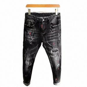 Nuevo 2023 Otoño Estilo coreano Trabajo Ripped Hole Black Cowboy Hip Hop Dotting Ink Slim Jeans Pantalones de mezclilla de lujo para hombres Z6gj #