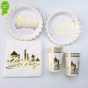 Nouveau 2023 Eid Mubarak Décorations pour la maison Vaisselle jetable Assiettes en papier Tasses Serviettes Fête musulmane Dîner Ramadan Moubarak Bannières