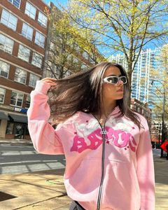 Nieuwe 2023 Europese en Amerikaanse straat plus size los roze bedrukt patroon rits hoodie hiphop mode vrienden feestkleding