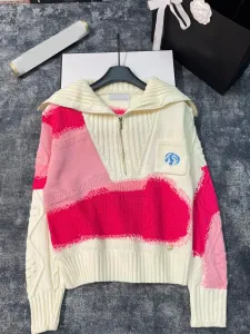 Nuevo 2023 moda Otoño Invierno cuello vuelto cremallera tejido dulce rosa suéter mujeres patrón de manga larga Casual tejido Pullove
