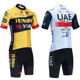 Nieuwe 2023 Jumbo Wielertrui Fiets Shorts Set Mannen Vrouwen VAE TEAM Sneldrogend Pro Ciclismo Maillot Jersey 20D Slabbetjes broek Kleding