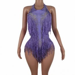 Nieuwe 2023 Pailletten Franjes Paars Turnpakje Sexy Kwastje Bodysuit Latin Dance Pole Kostuum Stage Party Club Danser Prestaties Liusu C4Kw #