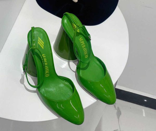 Nouveau 2023 femmes chaussures à talons bloc en cuir verni vert marque de mode talons boucle fermée femmes designers de luxe talons