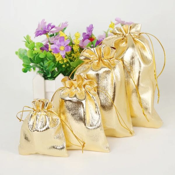 Nueva tela de aluminio metálico 2024 10pcs 7x9/9x12/10x15cm/13x18cm Bolsas de organza decoración de bodas Favor regalos de envases de caramelo brillante