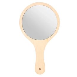 new 2024 1Pcs Portable Round Wood Mirror Vintage Hand Mirror Make Up Mirrors with Handle for Women Option 1. portable round wood mirror 1.
