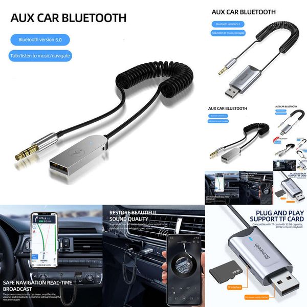 Nouveau kit de voiture Bluetooth 2024 2024 Bluetooth Bluetooth 5.3 Adaptateur stéréo Wireless USB Dongle à 3,5 mm Jack Car Aux Audio Music Adapter Mic Handsfree Call Tf Carte Slot