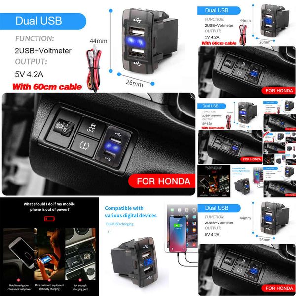 NOUVEAU 2024 2024 AUTRES AUTO ELECTRONICS 4.2A Double port Toma Téléphone rapide 12V 24V Charger avec Voltmètre LED Car USB Farceur d'adaptateur de prise intégré pour Honda CRV CB500X