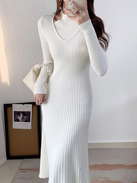Nouveau 2024 automne printemps pull femmes coton côtelé à manches longues tricoté jupe longue mode coréenne femmes a-ligne jupe longue 240108
