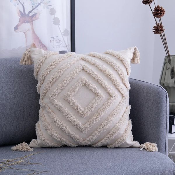 Nueva cubierta de cojín de estilo Boho 45x45cm/30x50cm Tassels decorativos de almohada decorativa Beige Sofá Sala de almohada Sala Decoración del hogar 1.