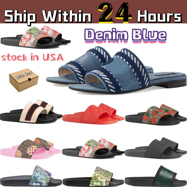 Designer Slippers Sandales Sandales en caoutchouc Web Slide en caoutchouc Denim Blue Rose Black Toile florale Blue Fleurs Green Strawberry Print Men Slipper Femmes Sandale décontractée