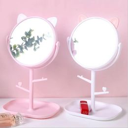 NEW 2024 Cute Cat Ear Makeup Mirror With Jewelry Rack Holder 360° Rotation Table Countertop Base Use for Bathroom Desk Cosmetic Mirrors360