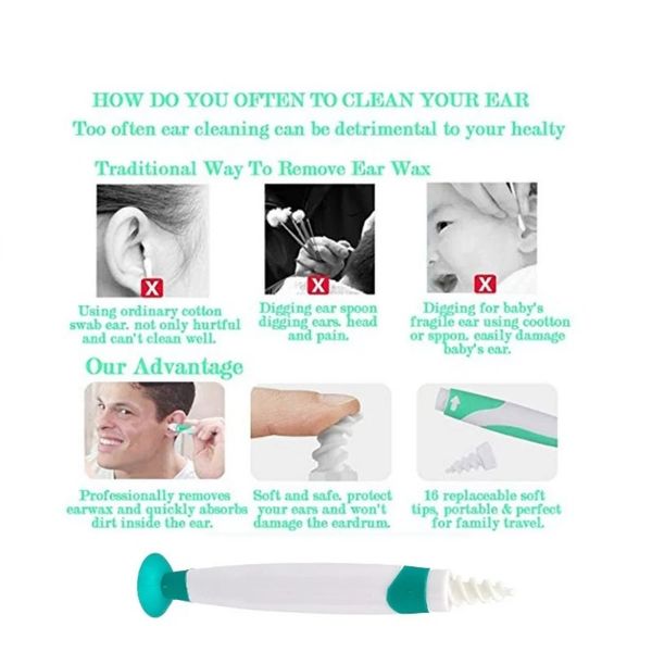 Nuevo Kit de herramientas de limpieza de la oreja del removedor de la cera de la oreja 20 con cera para la tapa de la tapa de succión Capera de reemplazo 16 piezas de reemplazo Cepillo de limpieza para la oreja