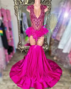 Robe de bal Fuchsia en diamants, paillettes, perles, strass, plumes, pour filles noires, robe de fête d'anniversaire, nouvelle collection 2024