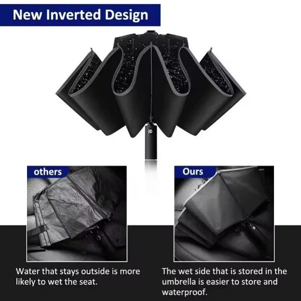 Nouveau parapluie de pliage inversé entièrement automatique entièrement automatique avec parapluie UV à bande réflective du vent