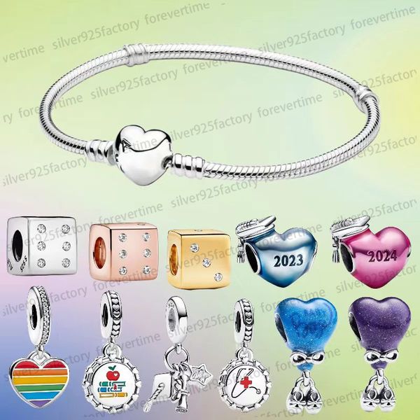 Nuevo 2024 Graduación Pink Heart Charmets para mujeres Niñas Niñas Diel Fit Pandoras Beads Triple Dangle Charms 925 Silver Collar Signer Joyería de regalo de lujo